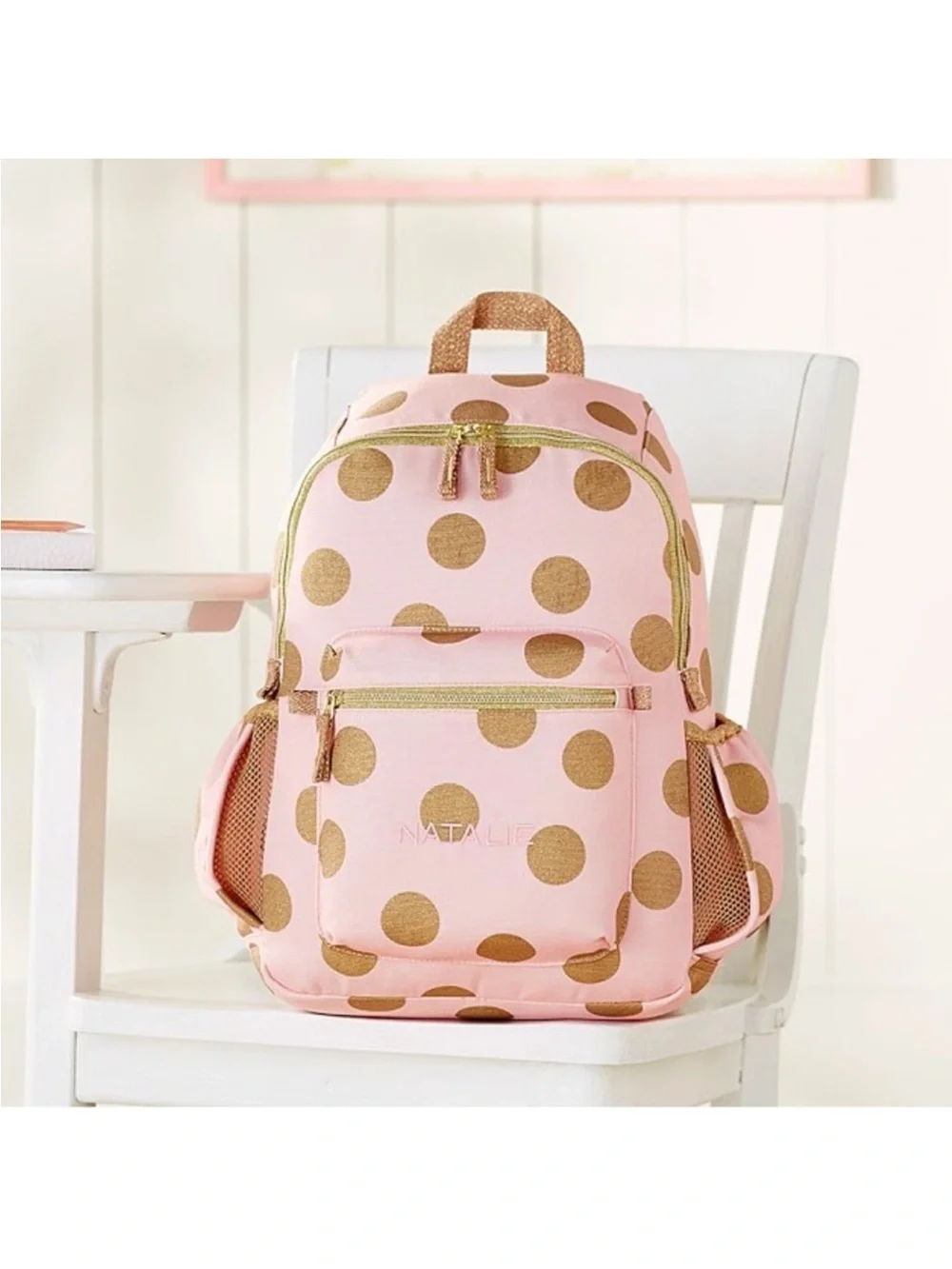 Pottery Barn Kids Pink and Gold Polka Dot Backpack